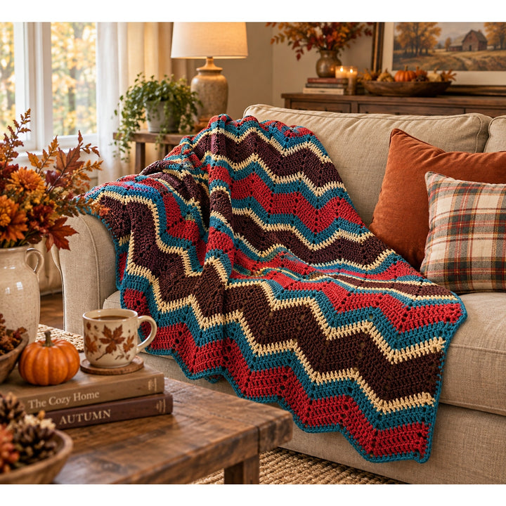 Handmade ripple chevron crochet afghan in brown teal and red