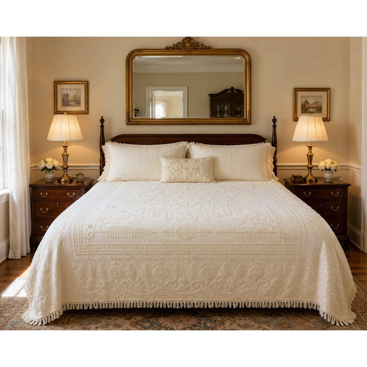 Vintage Sears ivory chenille bedspread with medallion pattern and fringe
