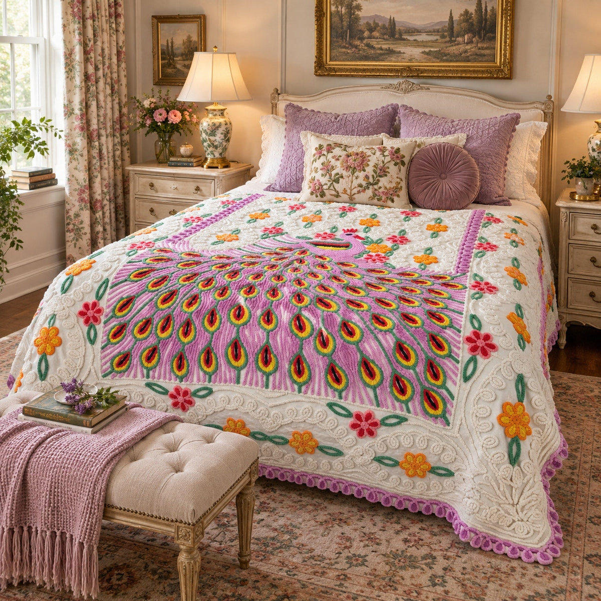 Vintage peacock chenille bedspread with colorful tufted design
