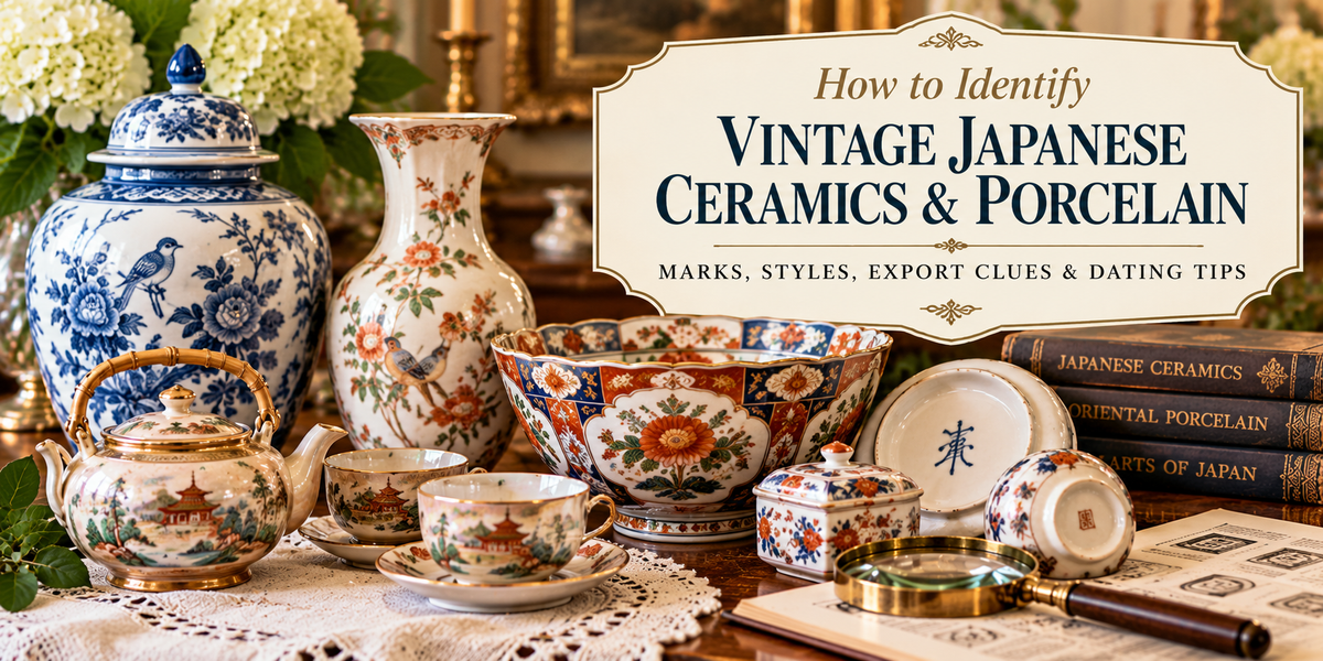 Vintage Japanese ceramics and porcelain including blue and white and Imari-style wares for an identification guide
