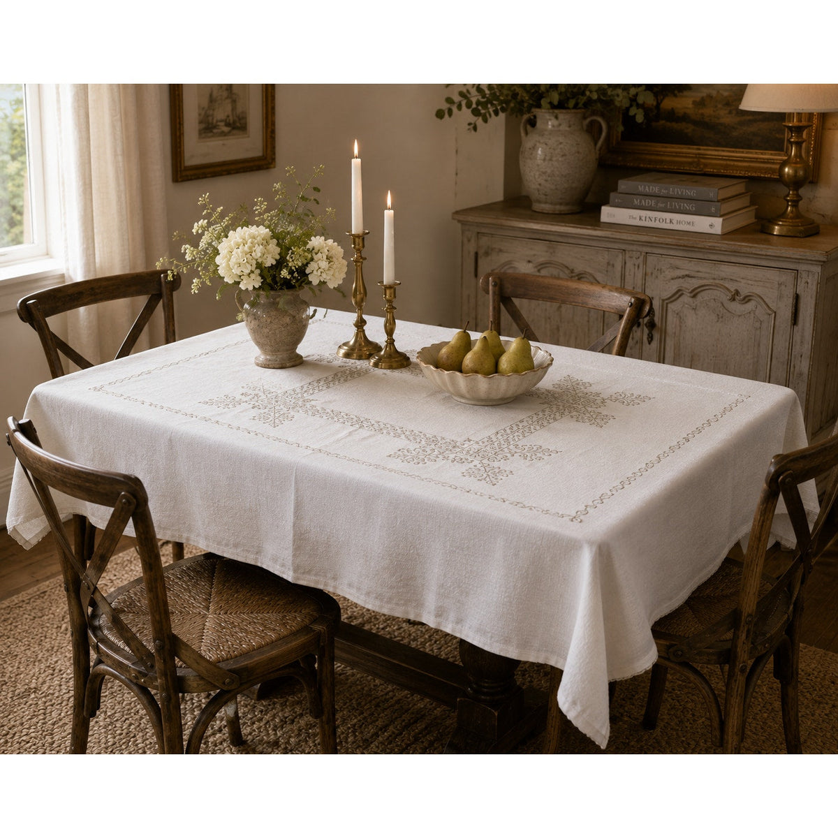 Vintage hand embroidered linen tablecloth with cross stitch detail