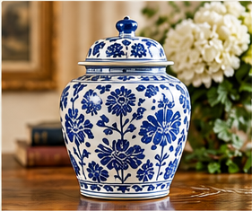 Blue and white vintage porcelain ginger jar
