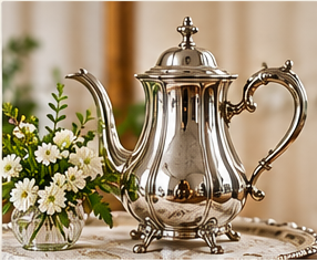 Vintage silverplate coffee pot in a collected interior