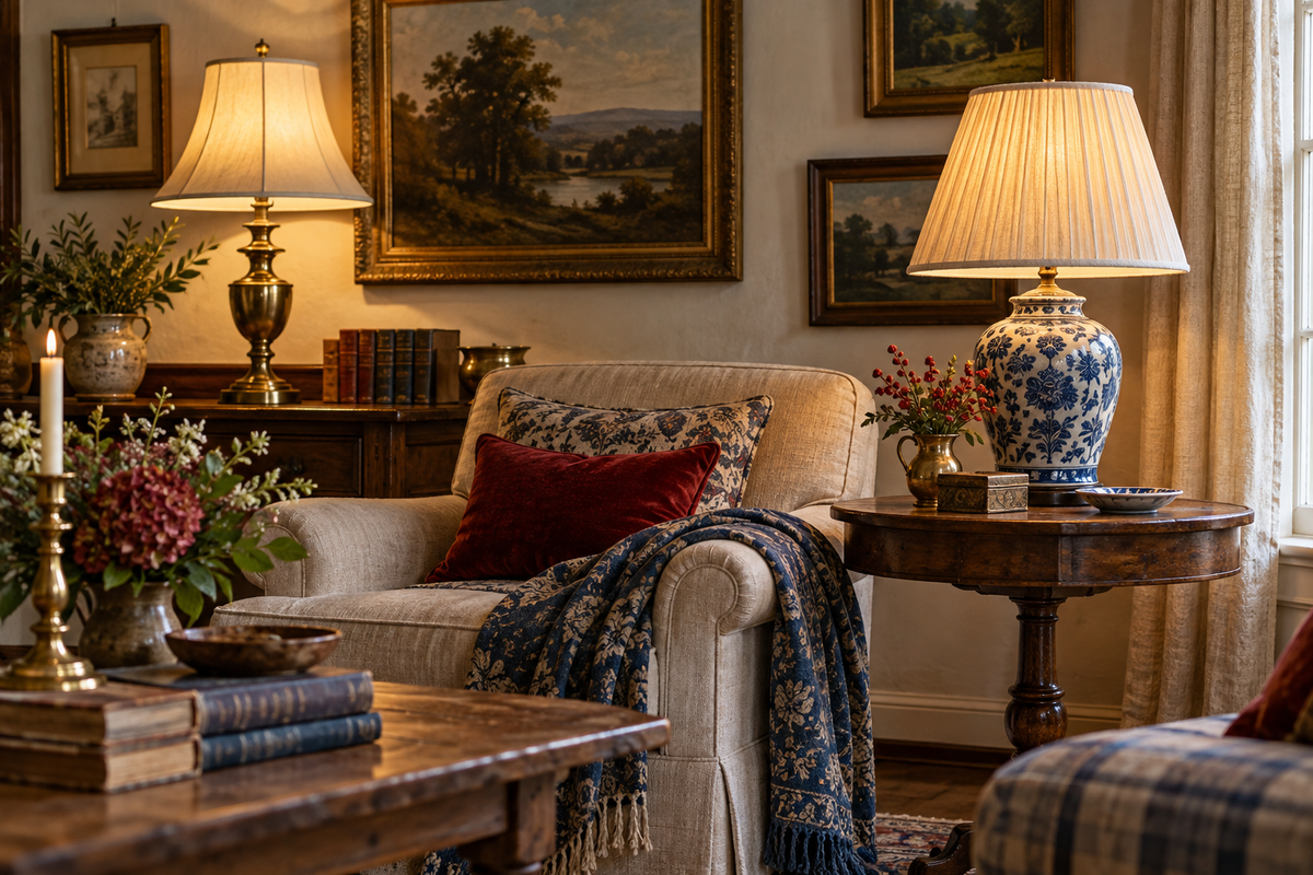 Brass and blue-and-white antique table lamps displayed in a warm collected farmhouse room