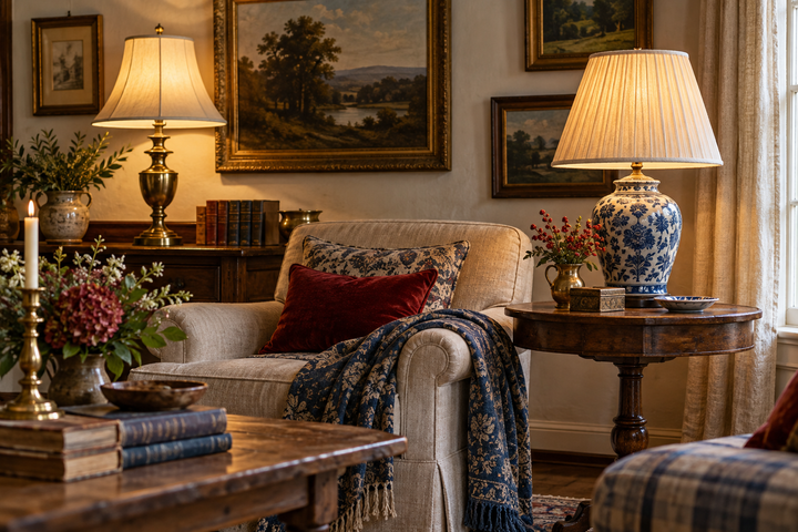 Brass and blue-and-white antique table lamps displayed in a warm collected farmhouse room