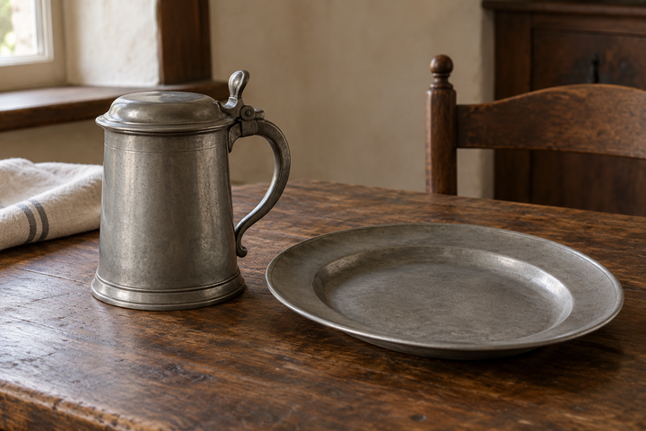Illustrative pewter tankard and oval plate with soft gray patina.