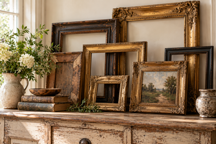 Antique and vintage picture frames in a warm collected interior