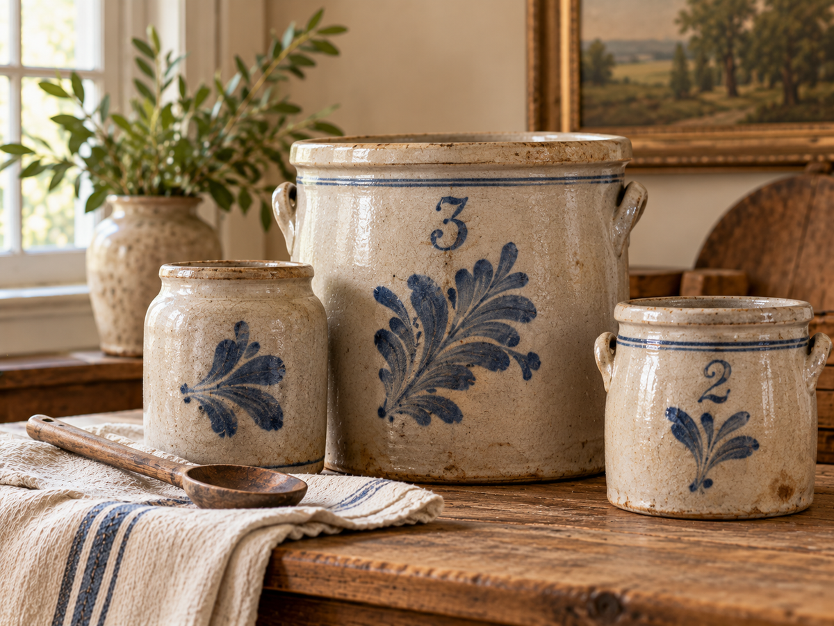 Antique stoneware crocks with cobalt decoration in a farmhouse setting