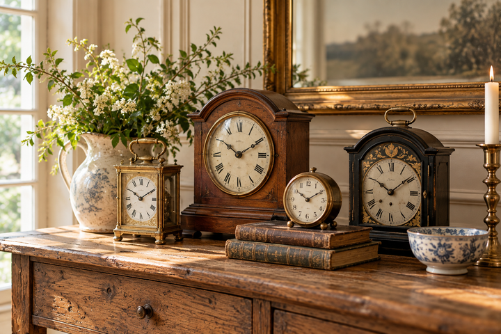 Antique and vintage clocks arranged in a warm collected interior