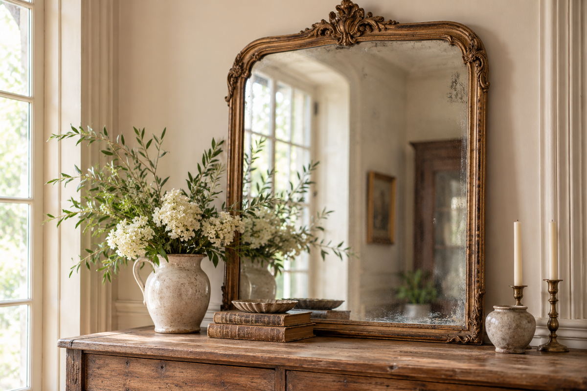 Antique gilded mirror styled above a warm farmhouse console