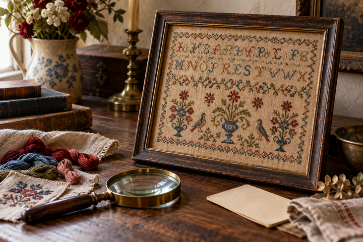 Framed antique needlework sampler with magnifying glass, linen and embroidery threads