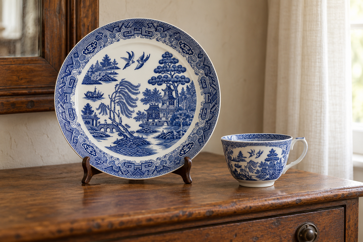 Illustrative arrangement of Blue Willow-style china with a landscape-patterned plate and teacup.