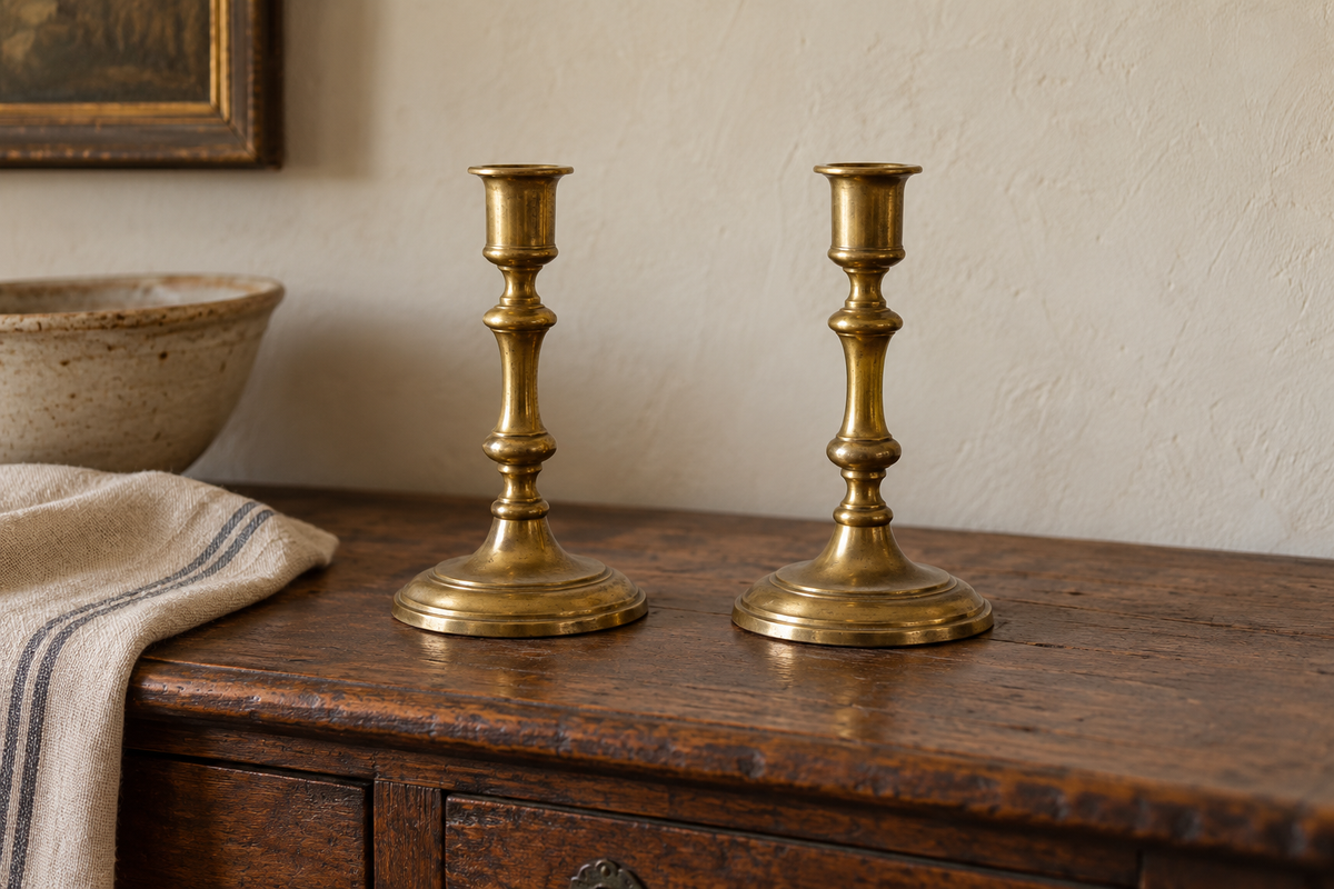 Illustrative pair of brass candlesticks with mellow golden patina.