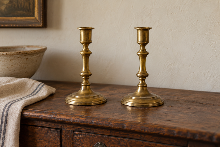 Illustrative pair of brass candlesticks with mellow golden patina.