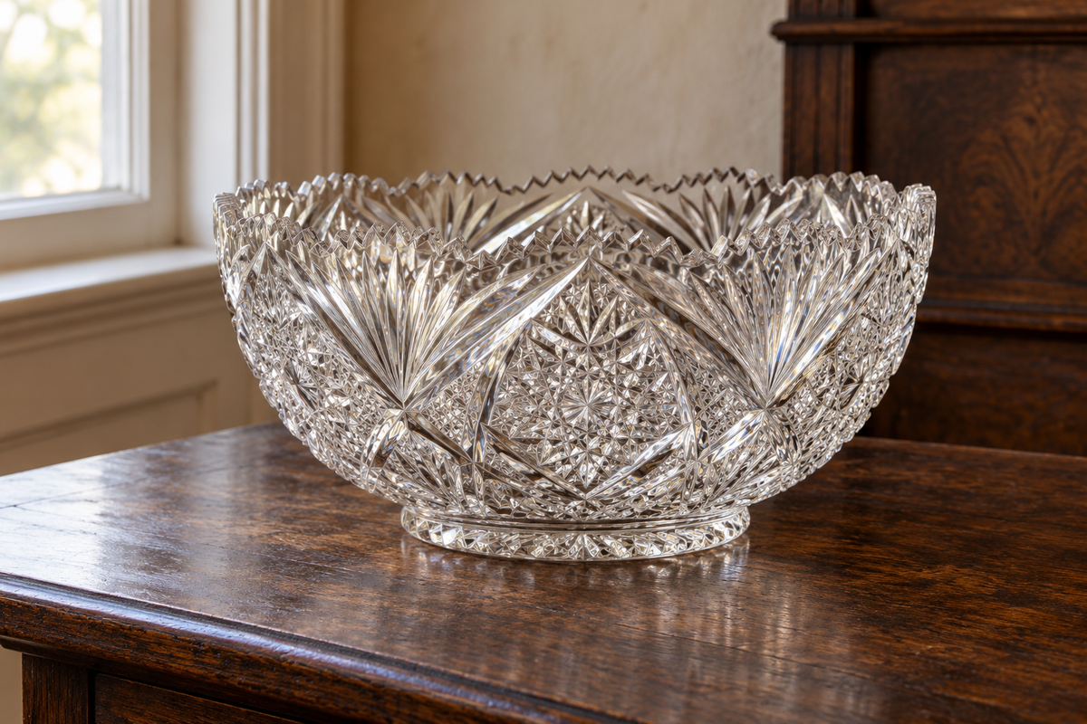 Illustrative clear cut-glass bowl with geometric star and diamond decoration.