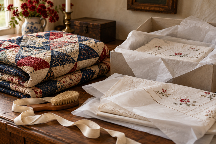 Vintage quilt and embroidered linens carefully stored with archival tissue in a preservation box