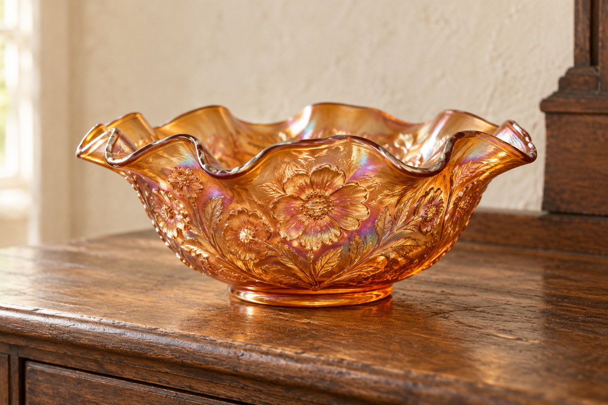 Illustrative marigold carnival-glass bowl with a ruffled rim and iridescent finish.