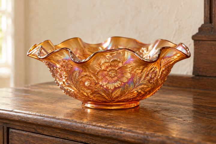 Illustrative marigold carnival-glass bowl with a ruffled rim and iridescent finish.