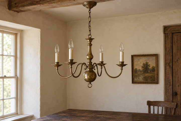 Illustrative brass chandelier in a restrained farmhouse room.
