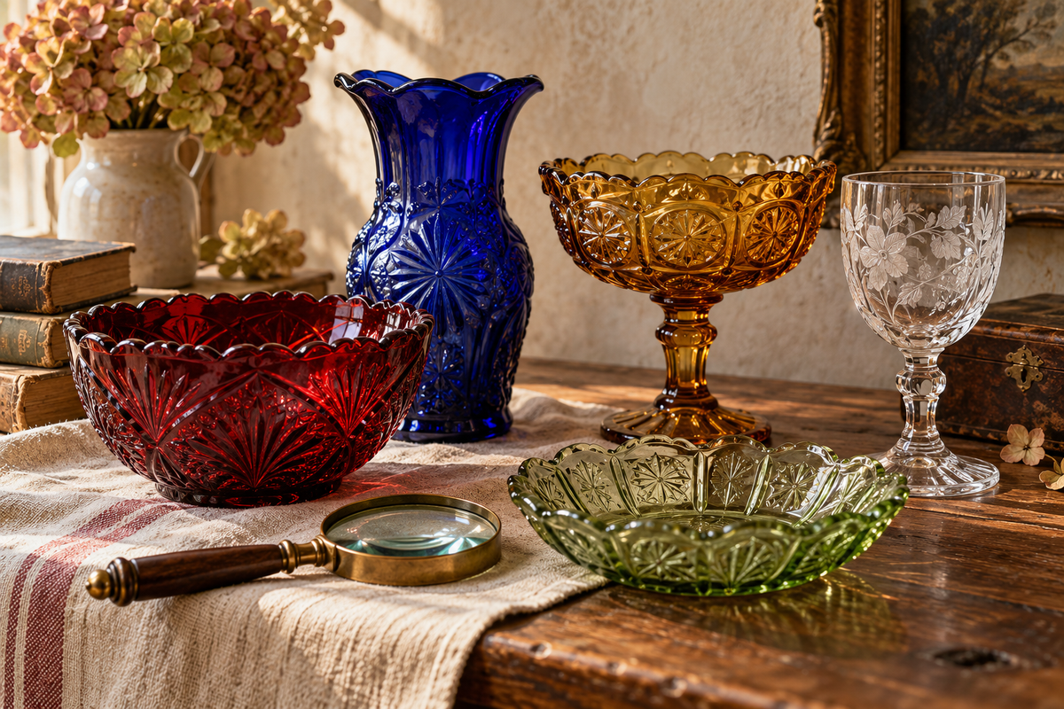 Ruby red, cobalt blue, amber, clear and green vintage glassware arranged for close examination