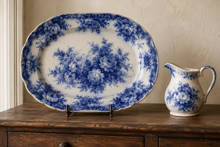 Illustrative arrangement of cobalt flow blue china on a wooden sideboard.