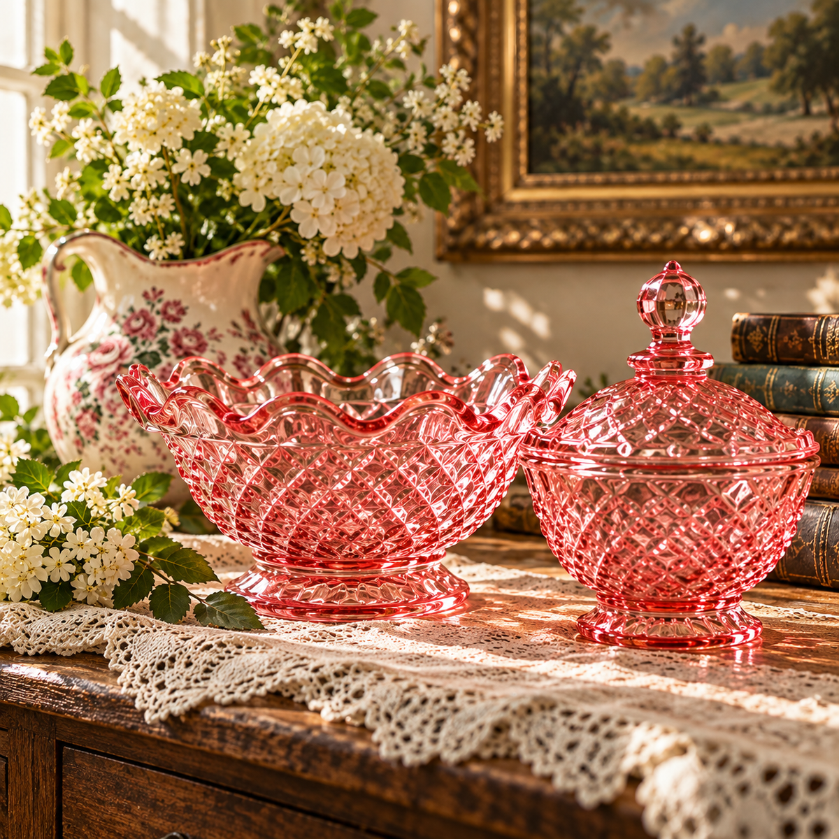 Vintage Goofus glass displayed in a warm antique-inspired setting