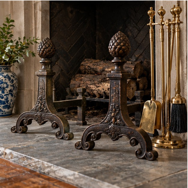 Editorial illustration of antique style iron and brass fireplace andirons