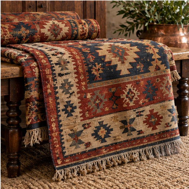 Editorial illustration of patterned flat-woven kilim style rugs