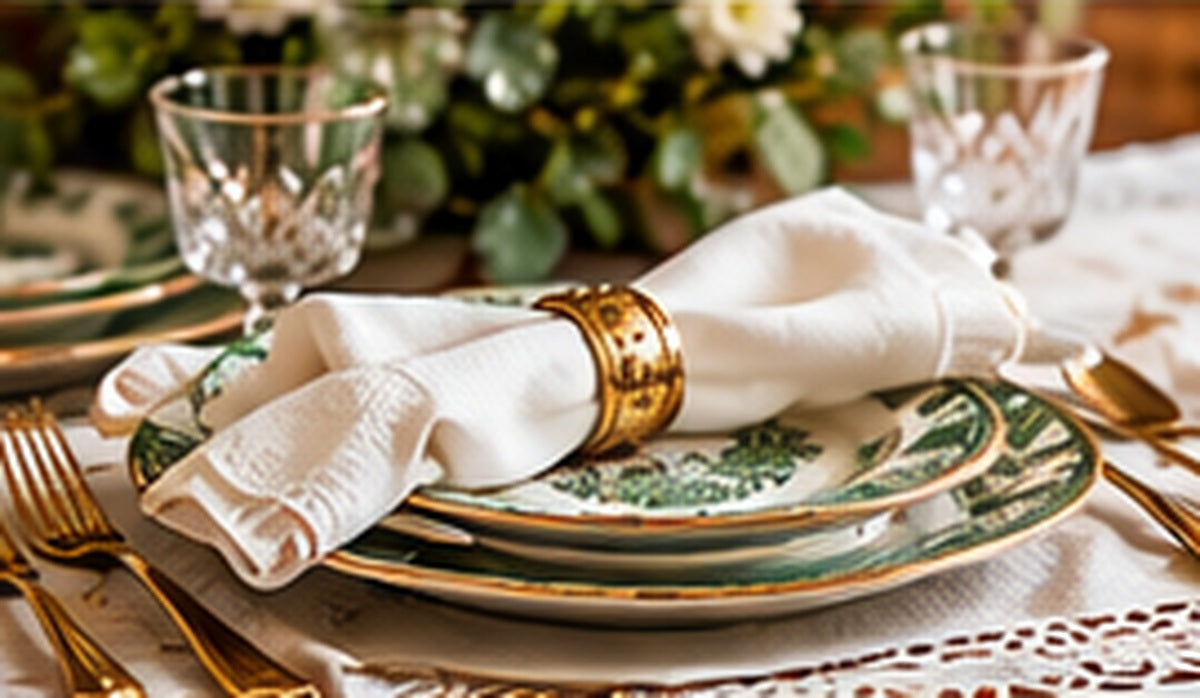 Collected table with vintage china glass silver and linens