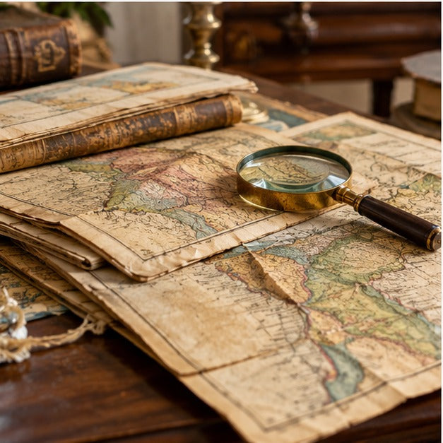 Editorial illustration of antique-style maps with a magnifying glass