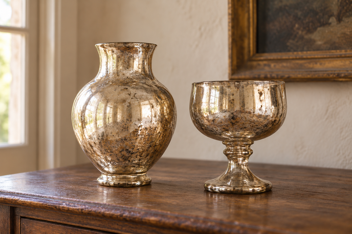 Illustrative silvered-glass vase and goblet on a wooden sideboard.