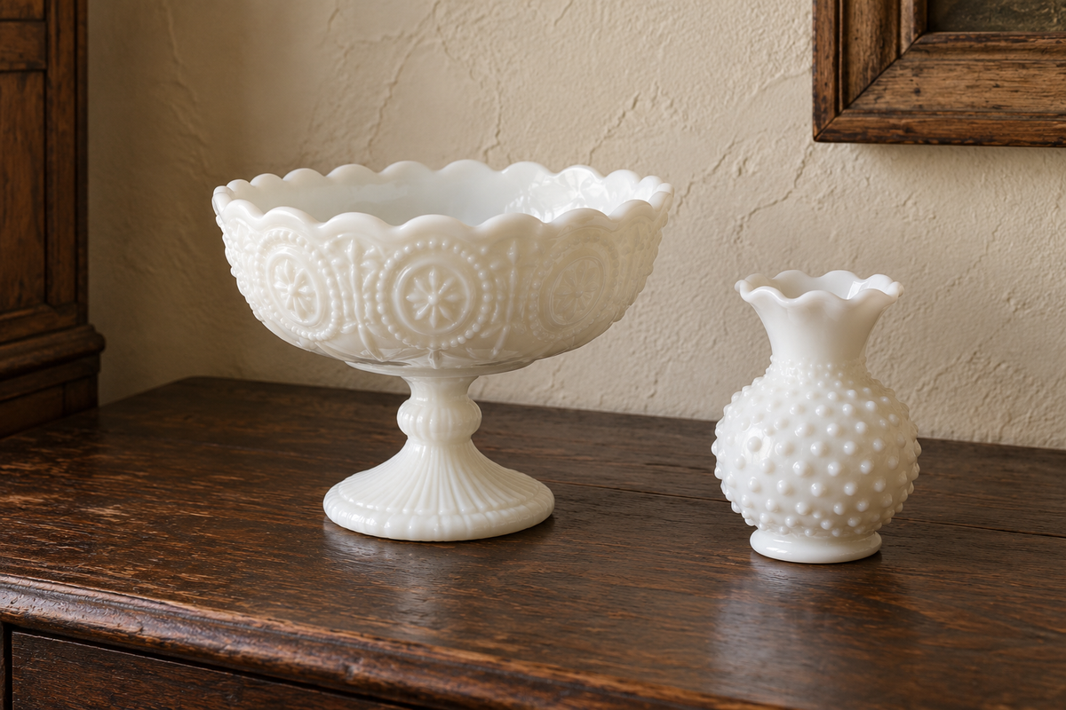 Illustrative white milk-glass compote and hobnail vase on dark wood.