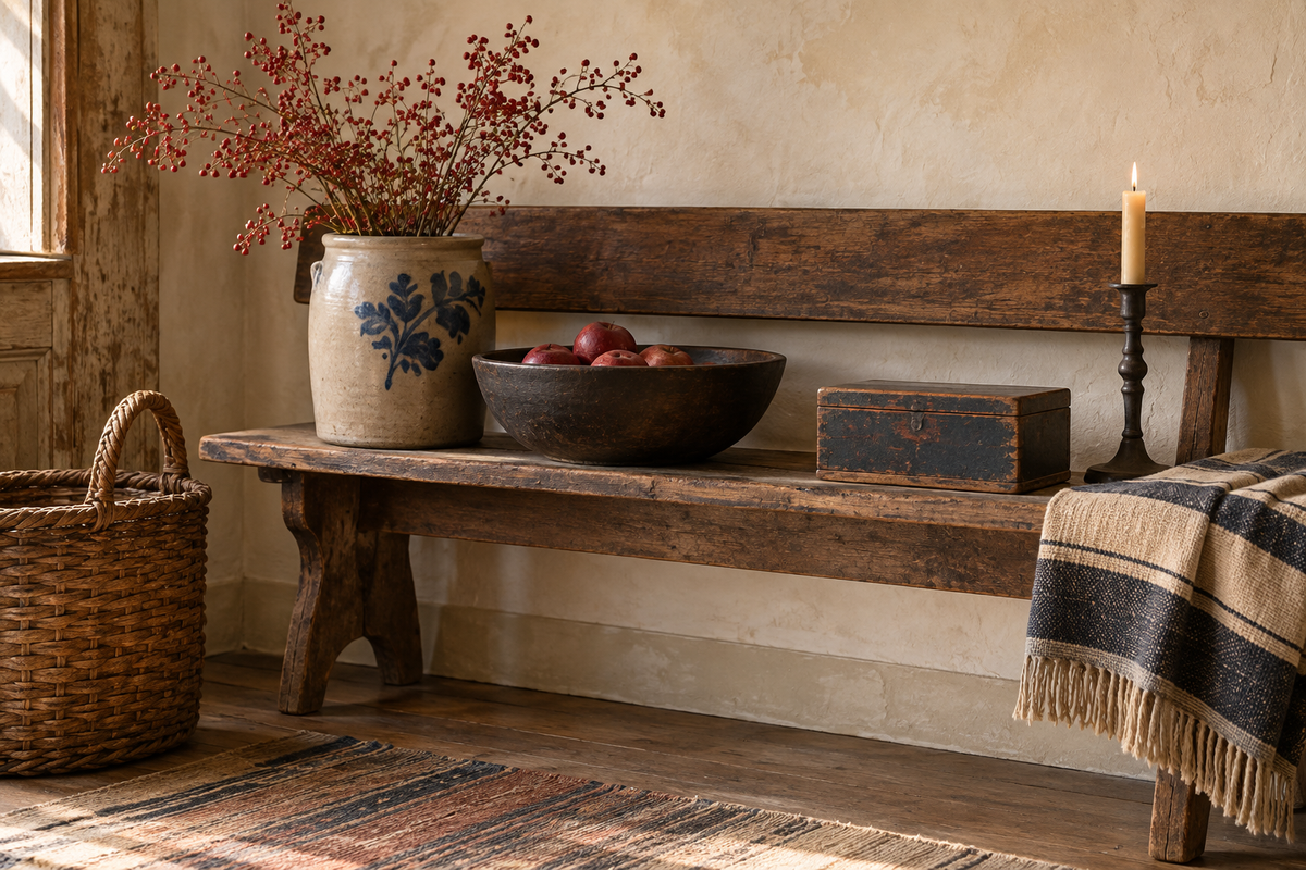 Primitive farmhouse antiques including a worn bench, stoneware crock, wooden bowl, basket and painted box