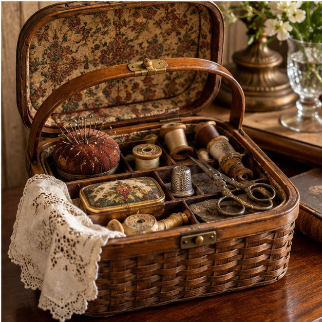 Editorial illustration of a vintage sewing basket containing thread, scissors and lace