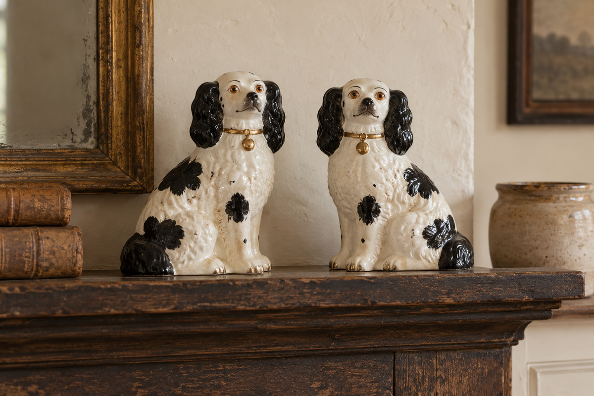 Illustrative pair of Staffordshire-style spaniel figures on a wooden mantel.