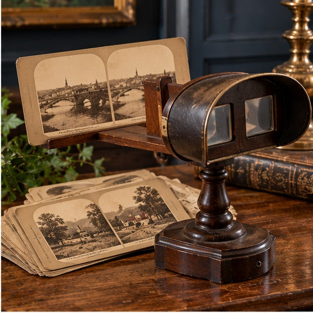 Editorial illustration of a vintage stereoscope viewer and paired photographic cards