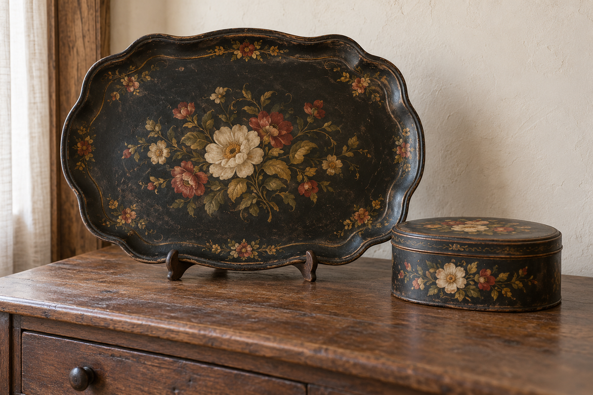 Illustrative floral-painted tin tray and box on a wooden dresser.
