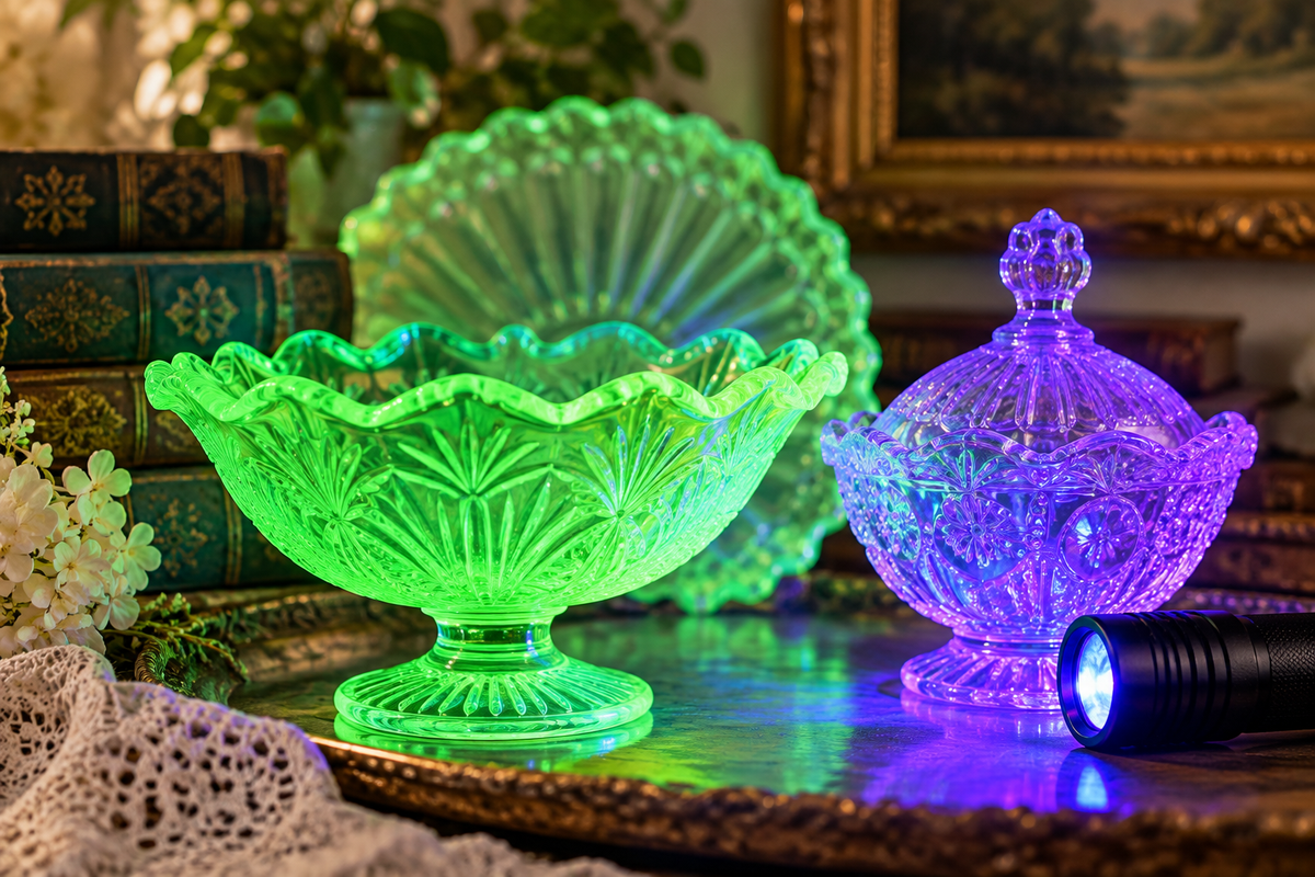 Vintage uranium and manganese glass fluorescing under ultraviolet light