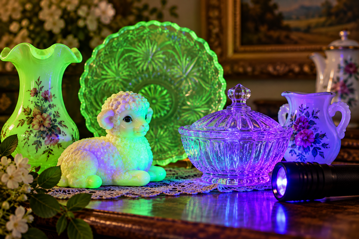 Vintage plastics, painted ceramics and glass fluorescing under ultraviolet light