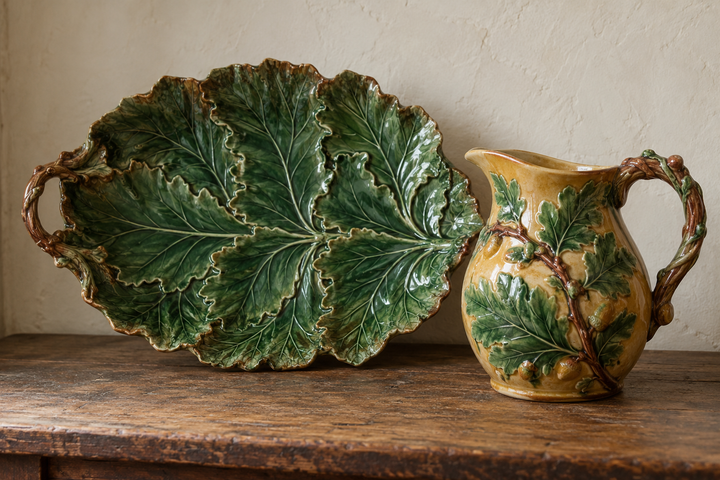 Illustrative arrangement of green leaf majolica and a relief-decorated pitcher.