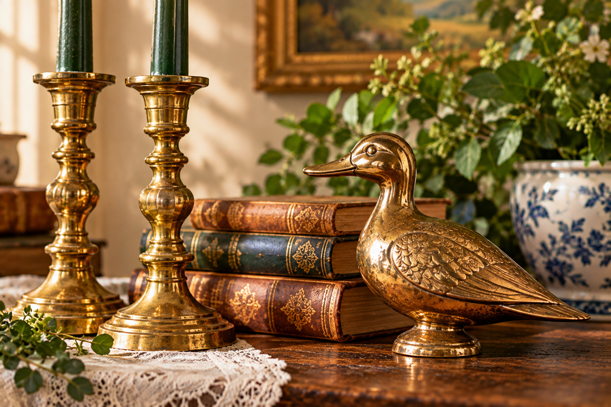Vintage brass candlesticks and brass duck with natural aged patina