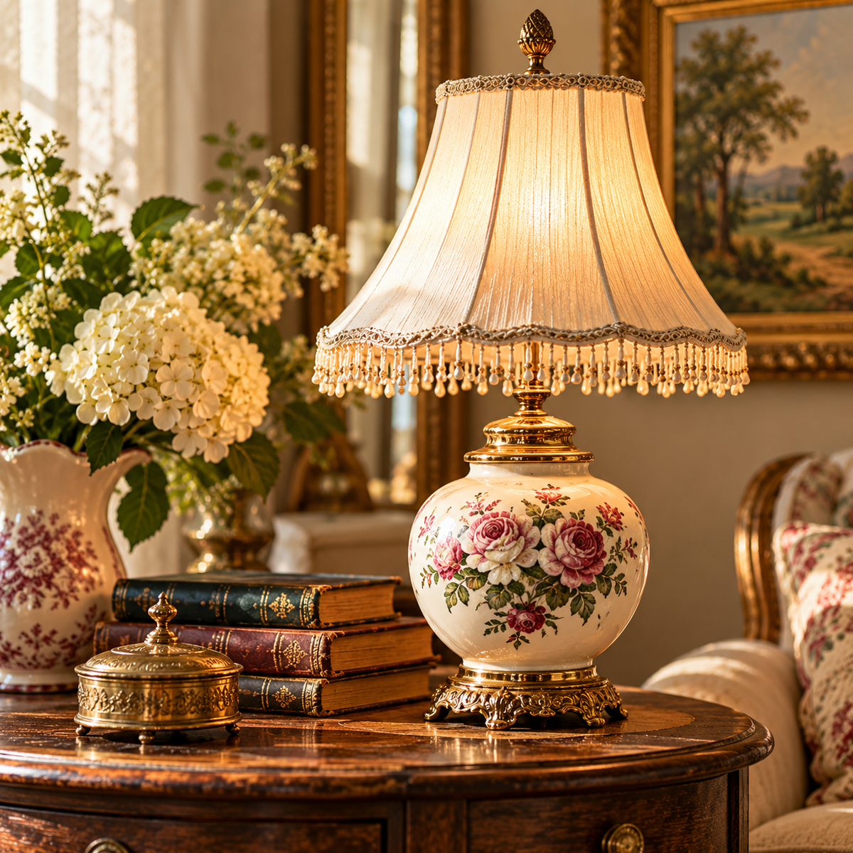 Vintage electric table lamp in a warm antique-inspired interior