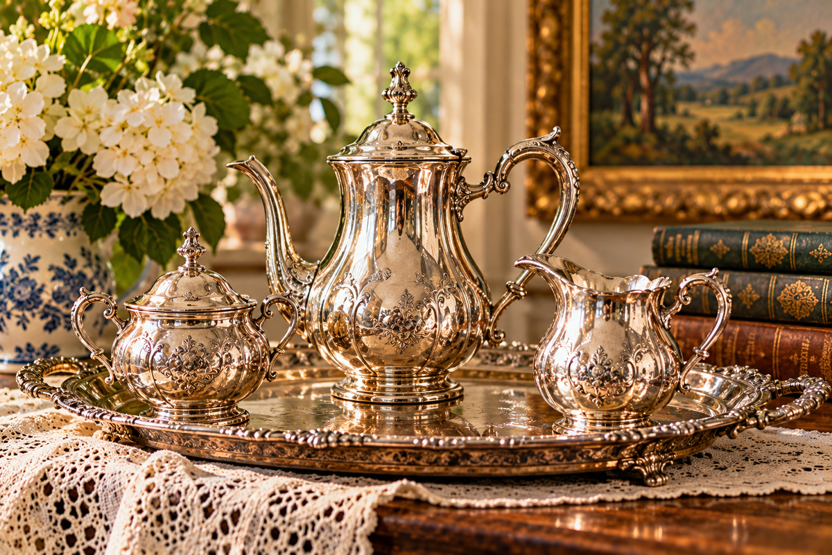 Vintage silver-plated tea service displayed in a warm antique-inspired setting