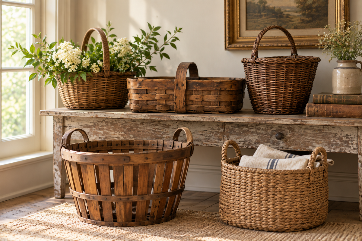 Vintage baskets arranged in a warm farmhouse interior