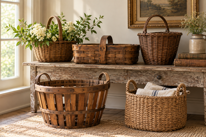 Vintage baskets arranged in a warm farmhouse interior