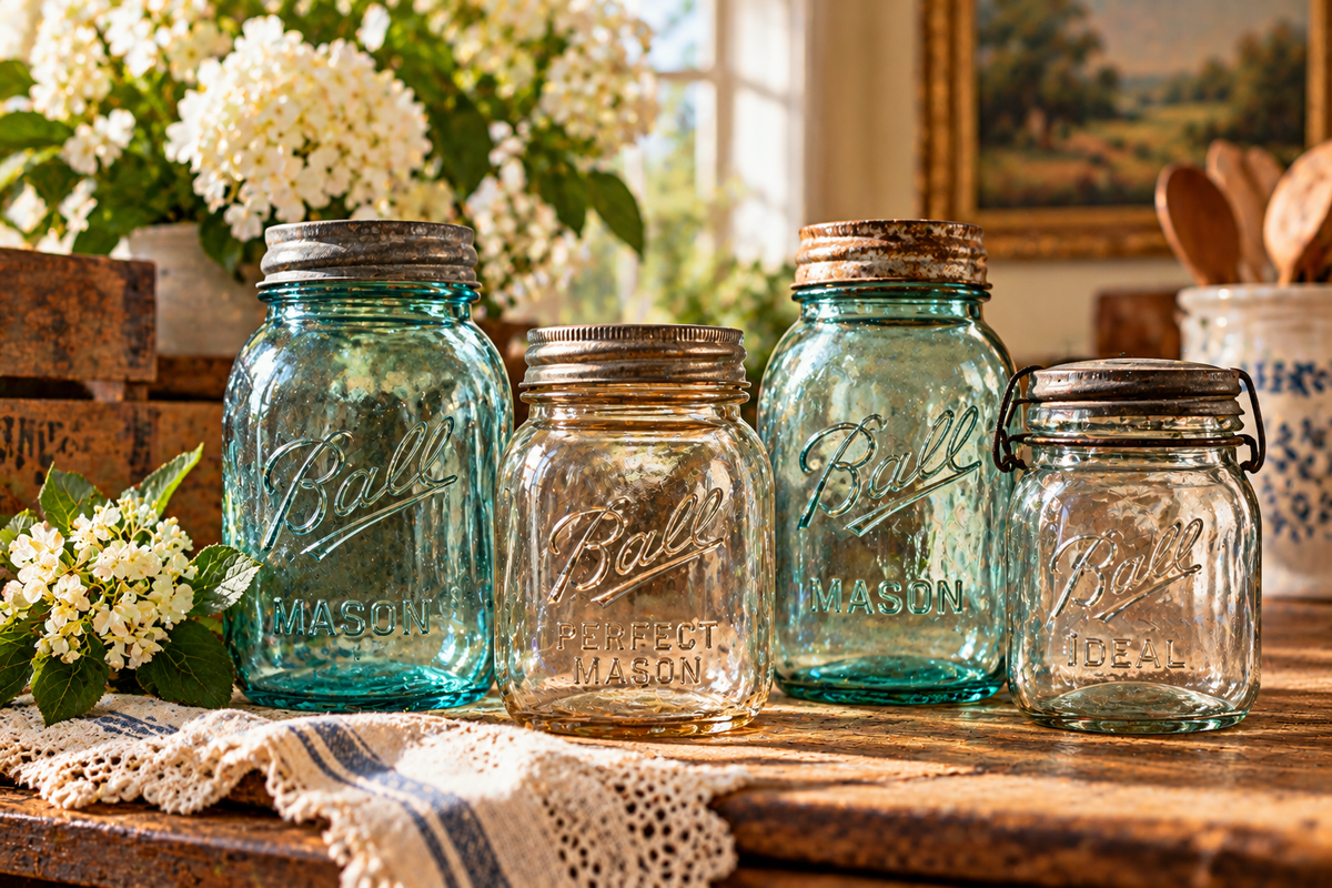 Vintage canning and Mason jars displayed in a warm farmhouse setting