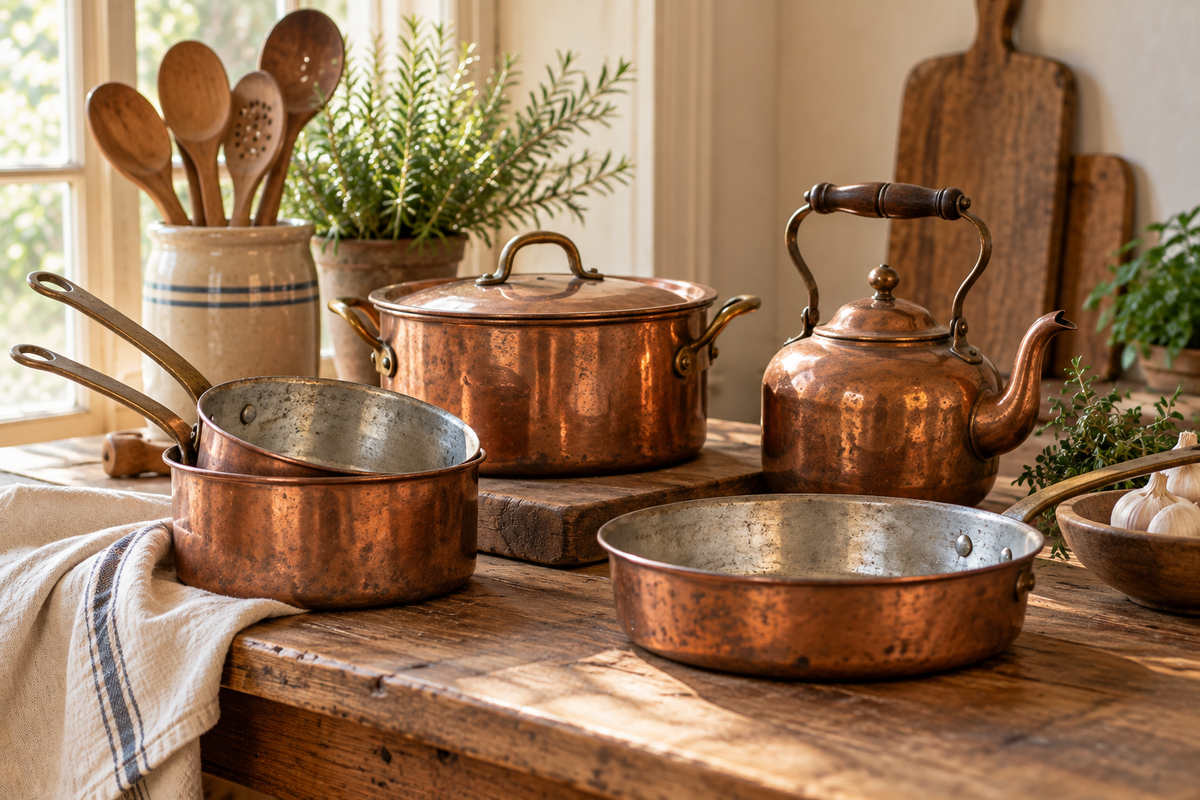 Vintage copper cookware arranged on a farmhouse table
