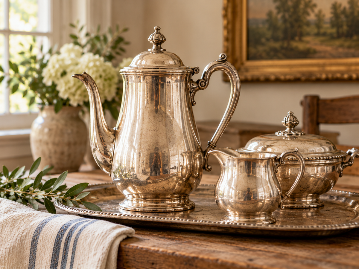 Vintage hotel silver service arranged in a warm collected interior
