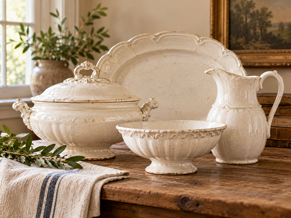 Vintage ironstone arranged in a warm farmhouse interior