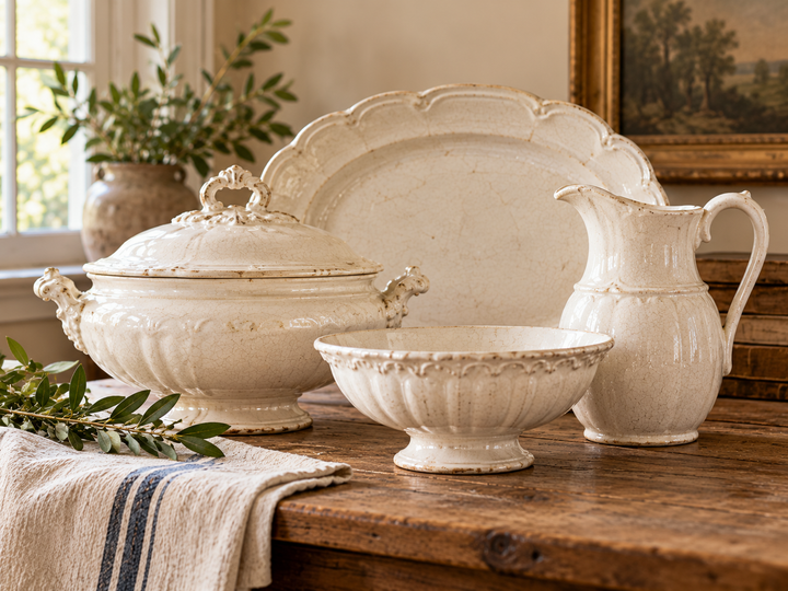 Vintage ironstone arranged in a warm farmhouse interior